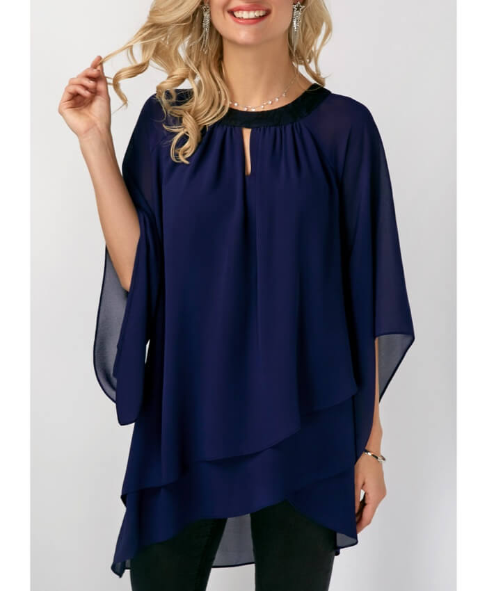 Navy Blue Keyhole Neckline Asymmetric Hem Blouse